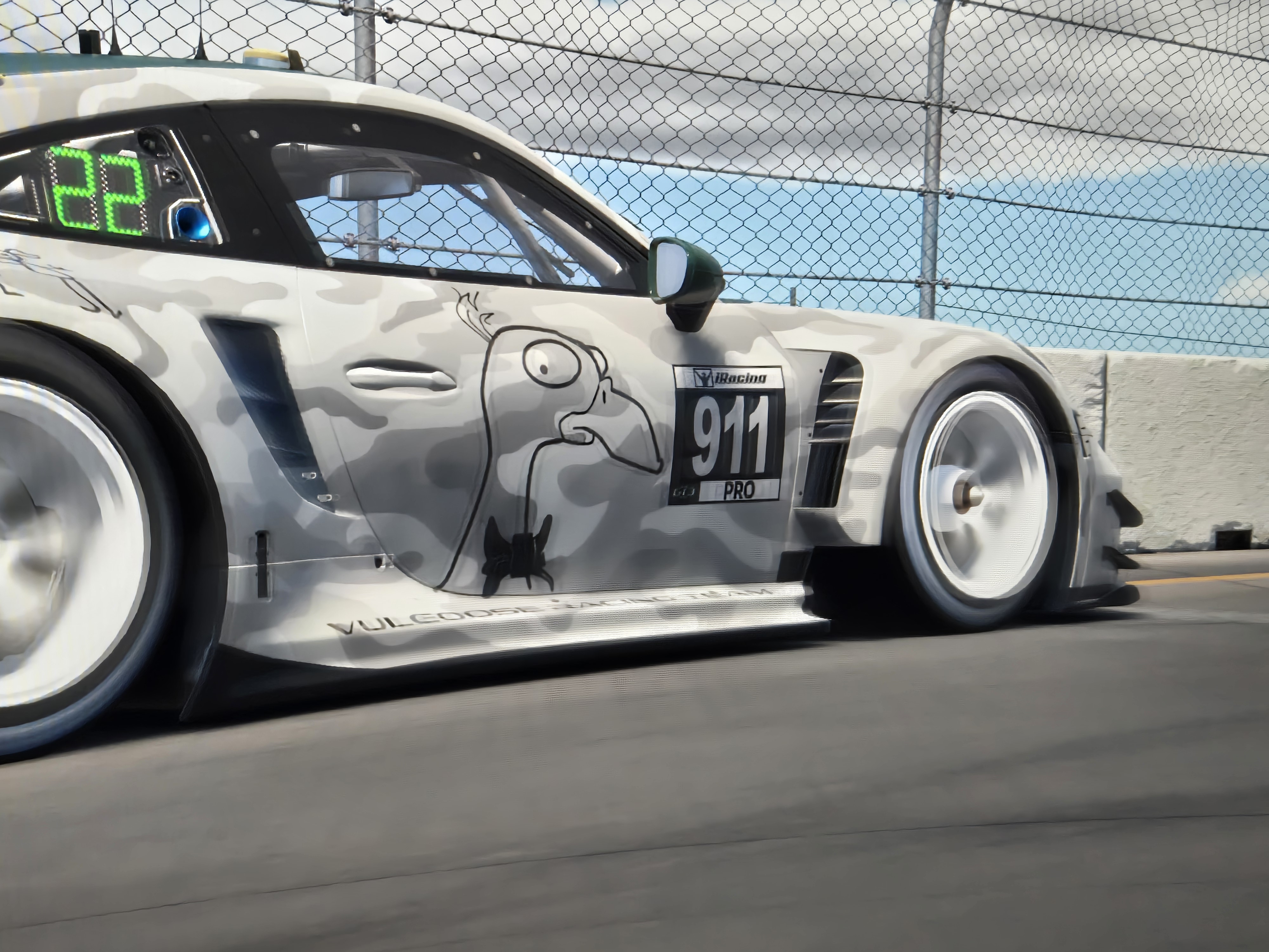 Vulgoose Racing Porsche 992 GT3 R, camo livery with goose mascot on the door