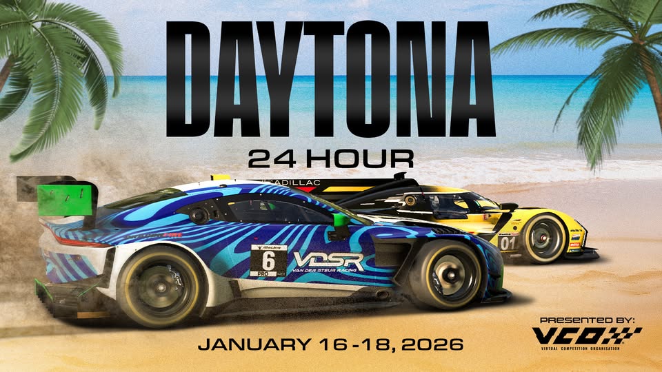 iRacing Daytona 24 Hour official event poster, January 16-18 2026, presented by VCO