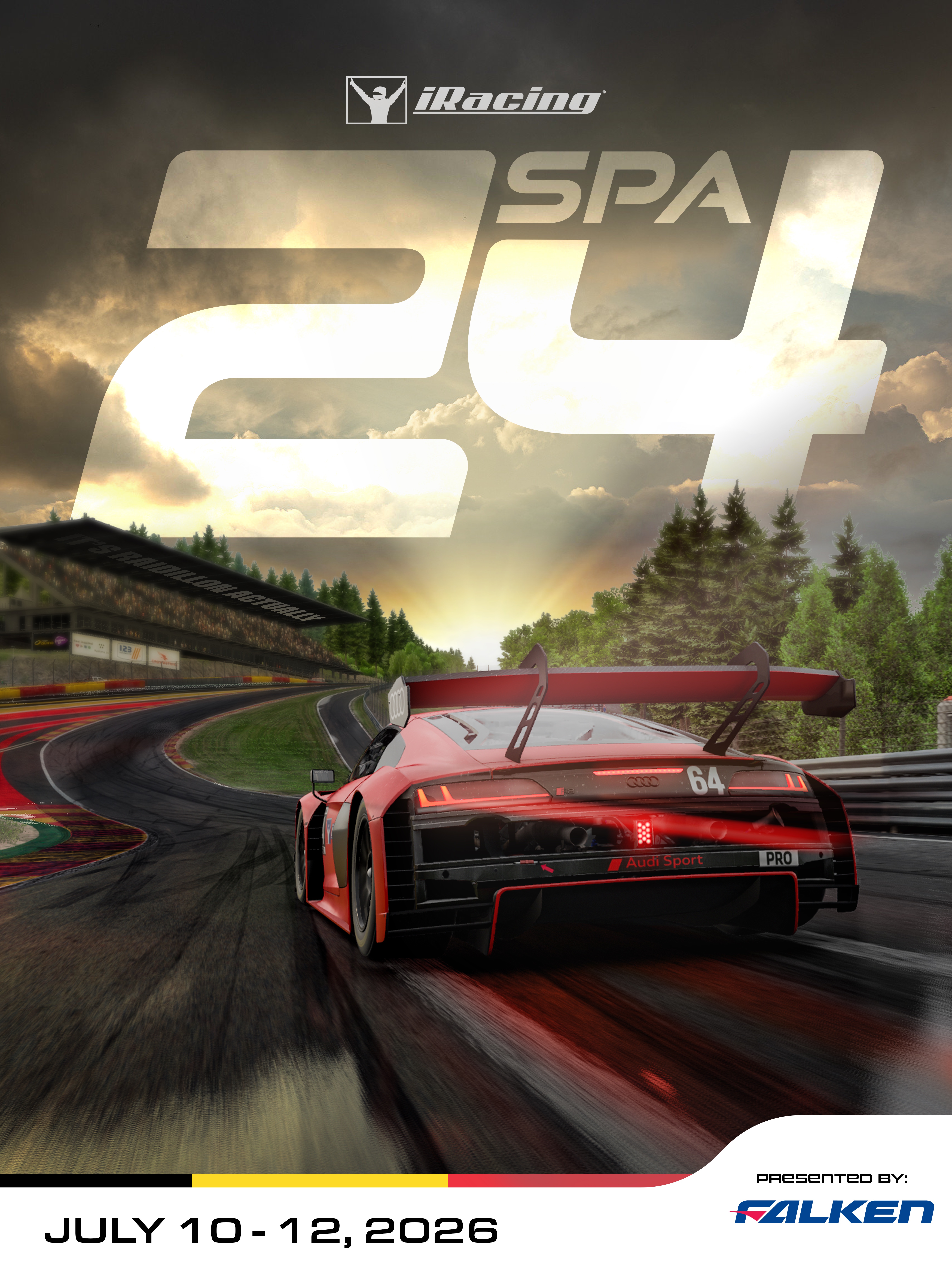 iRacing 24 Hours of Spa official event poster, July 10-12 2026