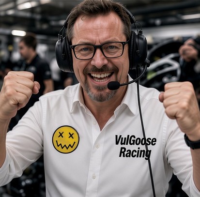 Sam grinning in his team headset, both fists raised in celebration