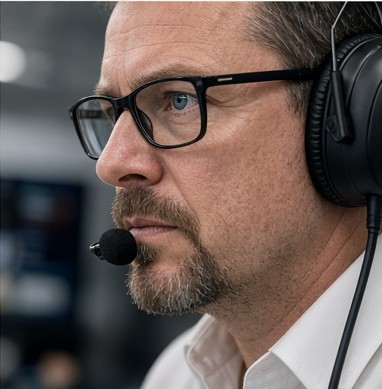Sam in profile, wearing glasses and a team headset, staring straight ahead with total composure